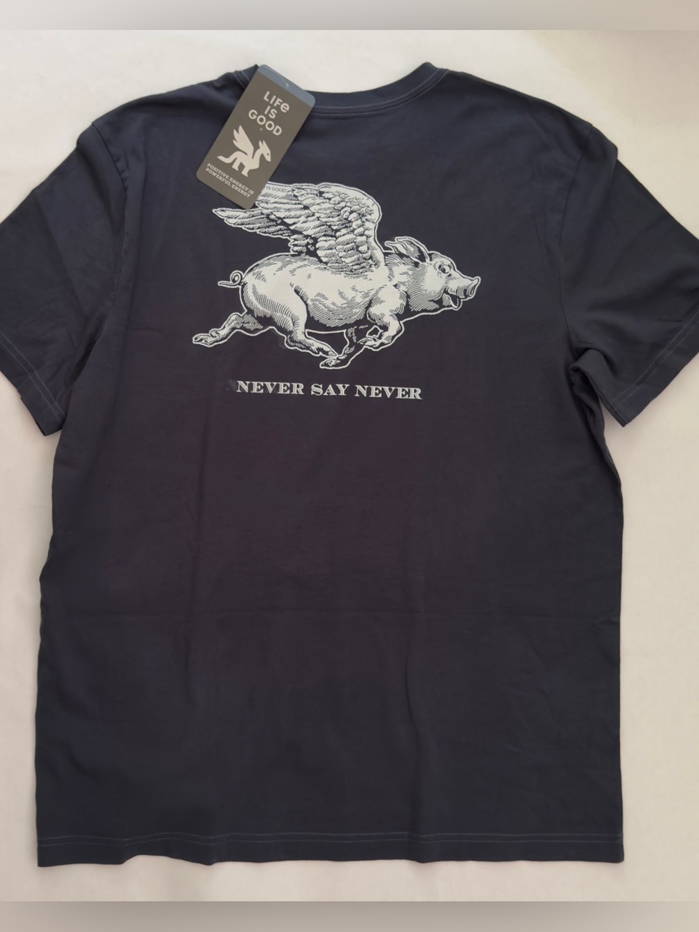 NWT Life is good Tee Shirt “never say never” when pigs fly navy blue size L